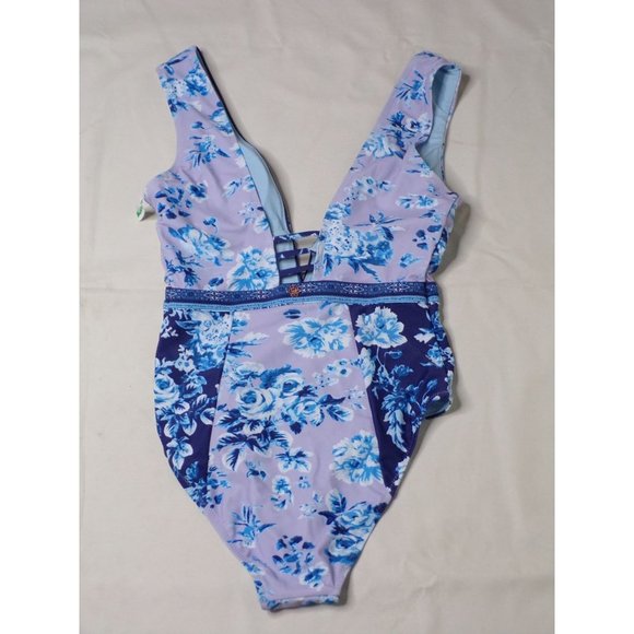 NANETTE LEPORE Priya Plunge Lavendar Trails Floral One Piece Swimsuit 6 NEW - Picture 6 of 8